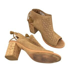 Toms Elba Perforated Peep Toe Tassel Heeled‎ Sandals Tan Size 7.5 Boho Neutral